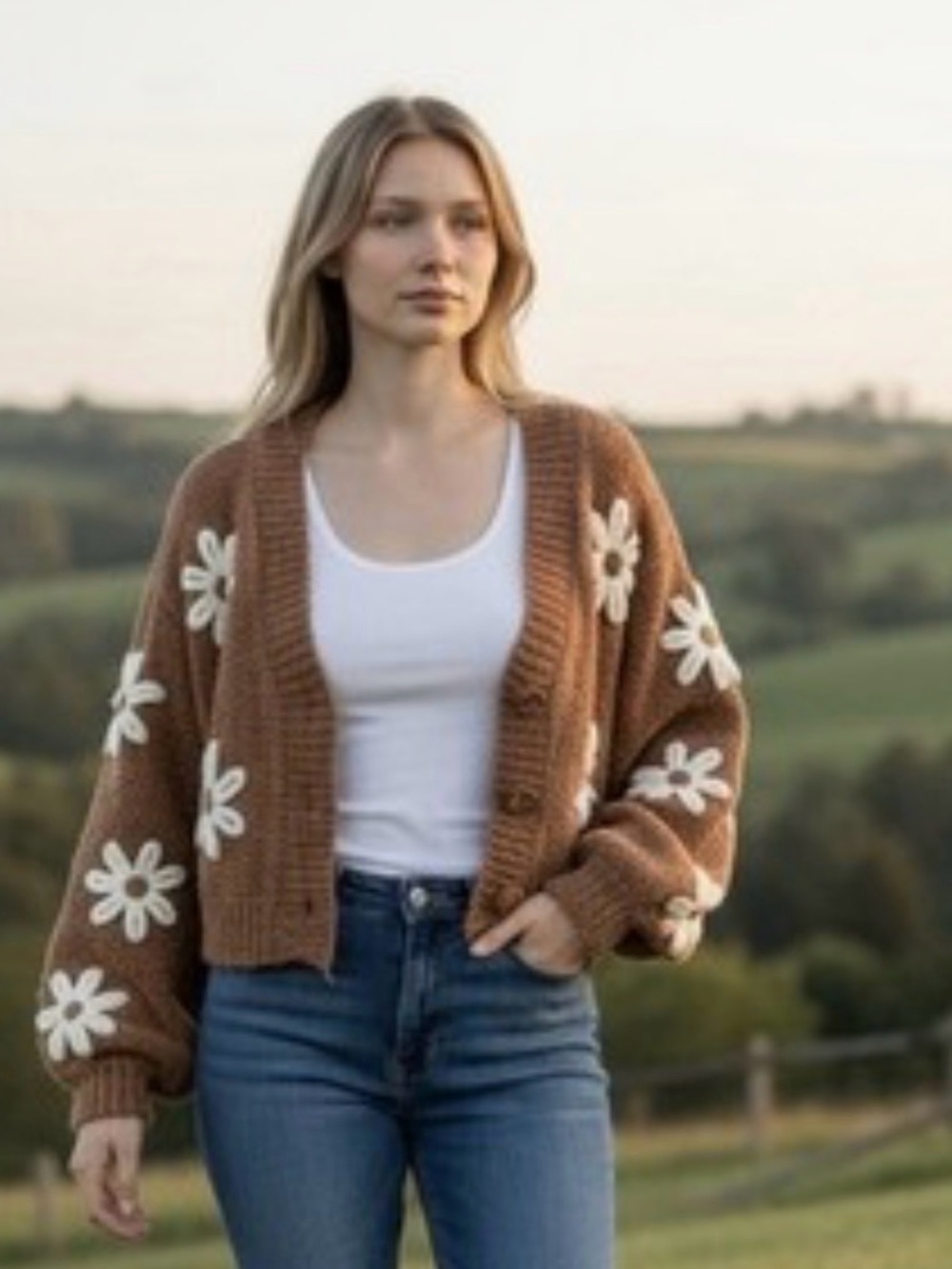 Altar'd State Brown Cropped Cardigan with Cream Daisy Appliqués